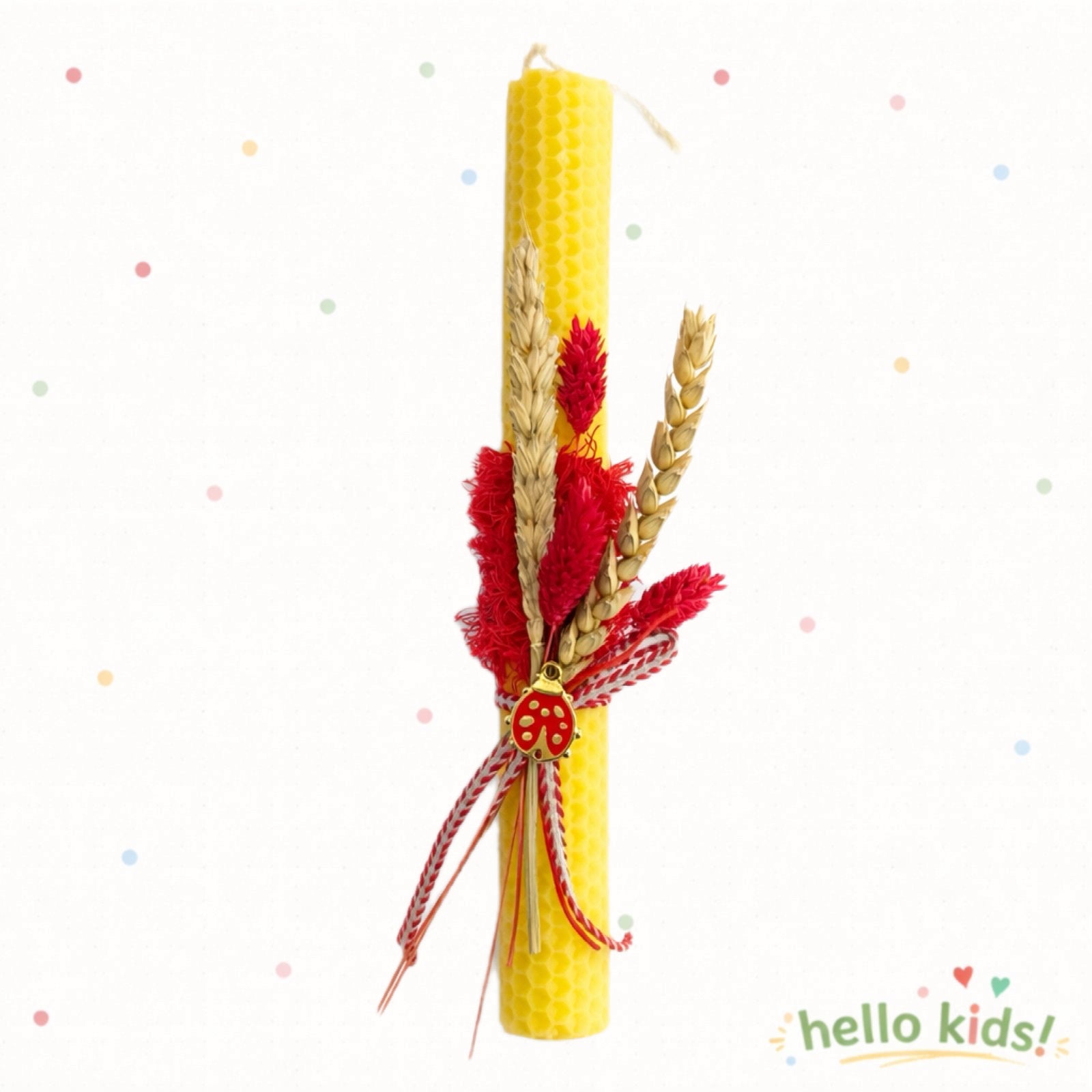 Λαμπάδα κηρήθρα με αποξηραμένα λουλούδια και πασχαλίτσα