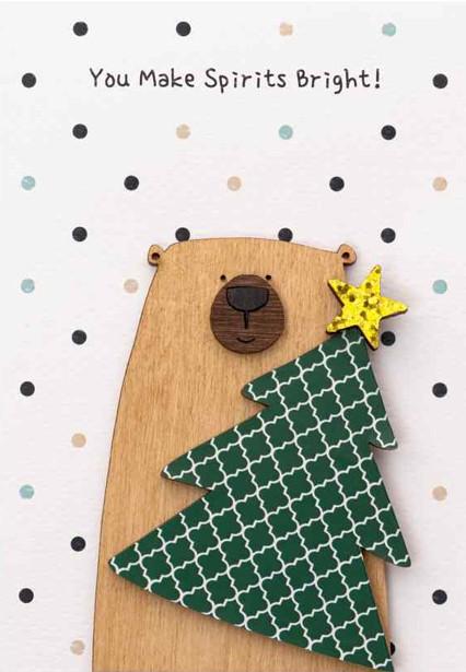 Ευχετήρια κάρτα "You make spirits bright!" - Αρκούδος με χριστουγ. δέντρο