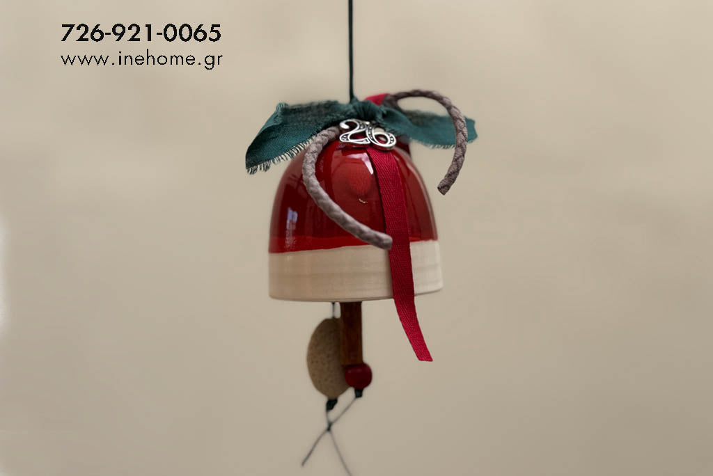 Γούρι 2026 - Καμπάνα κεραμική κόκκινη, 18εκ.