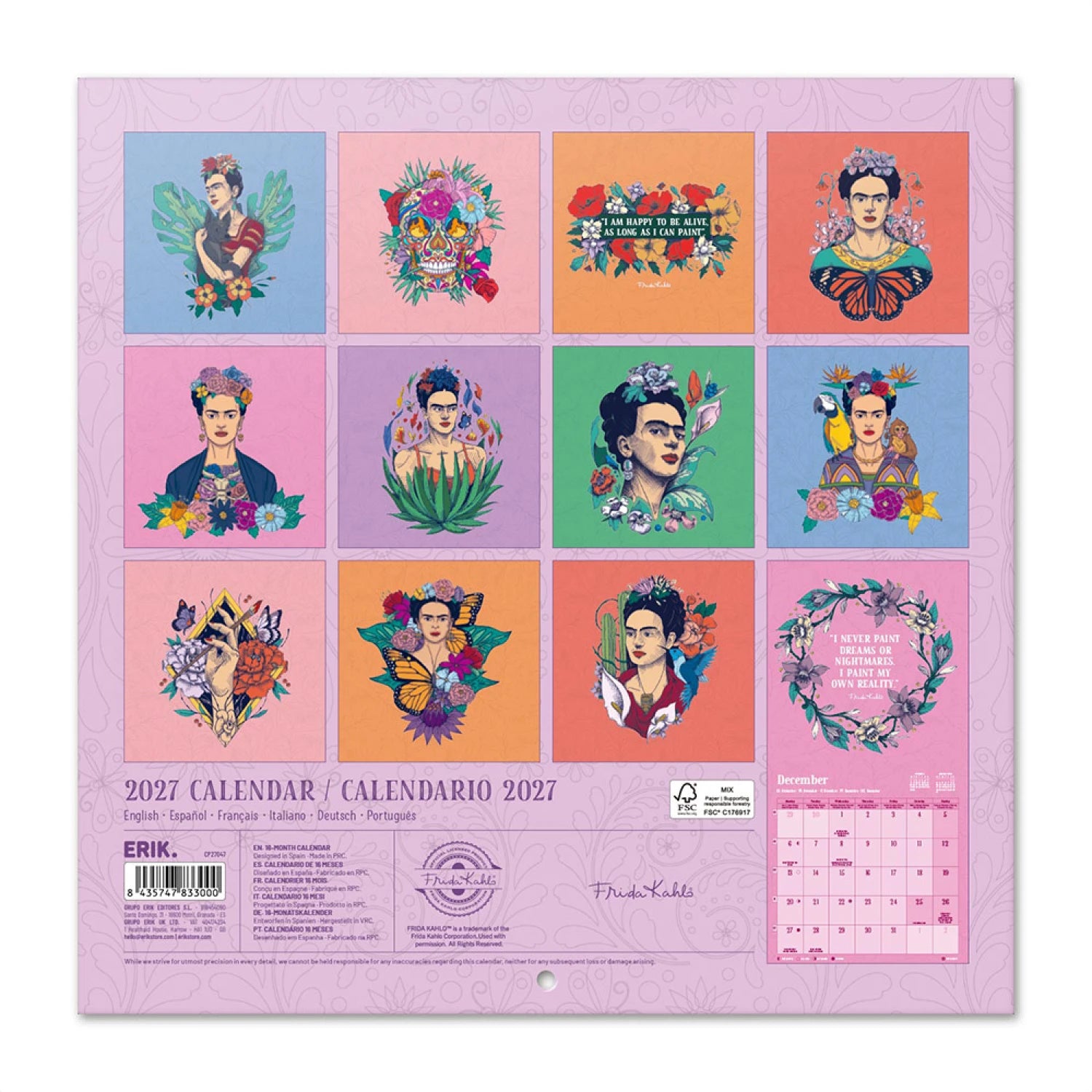 Ημερολόγιο τοίχου 16 μηνών 2027, 30X30εκ - Frida Kahlo