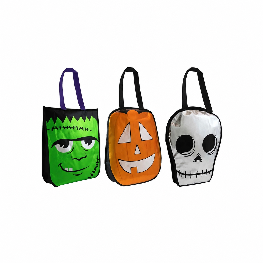 Τρεις μεταλλιζέ τσάντες Halloween με σχέδια Φρανκενστάιν, κολοκύθα και νεκροκεφαλή