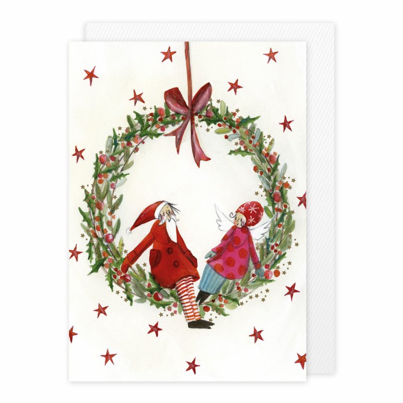 Ευχετήρια κάρτα "Ο άγγελος κι ο Άγιος Βασίλης σε στεφάνι"